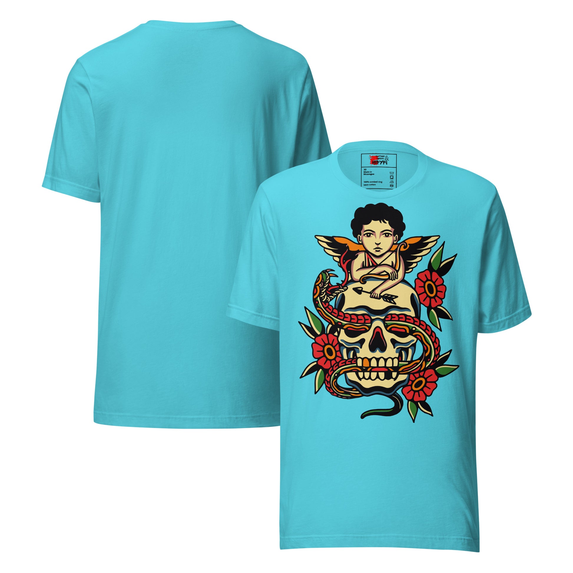 Unisex tattoo art T-shirt featuring cherub, skull, and snake design – Hipyfi vintage graphic tee. turquoise-front-3
