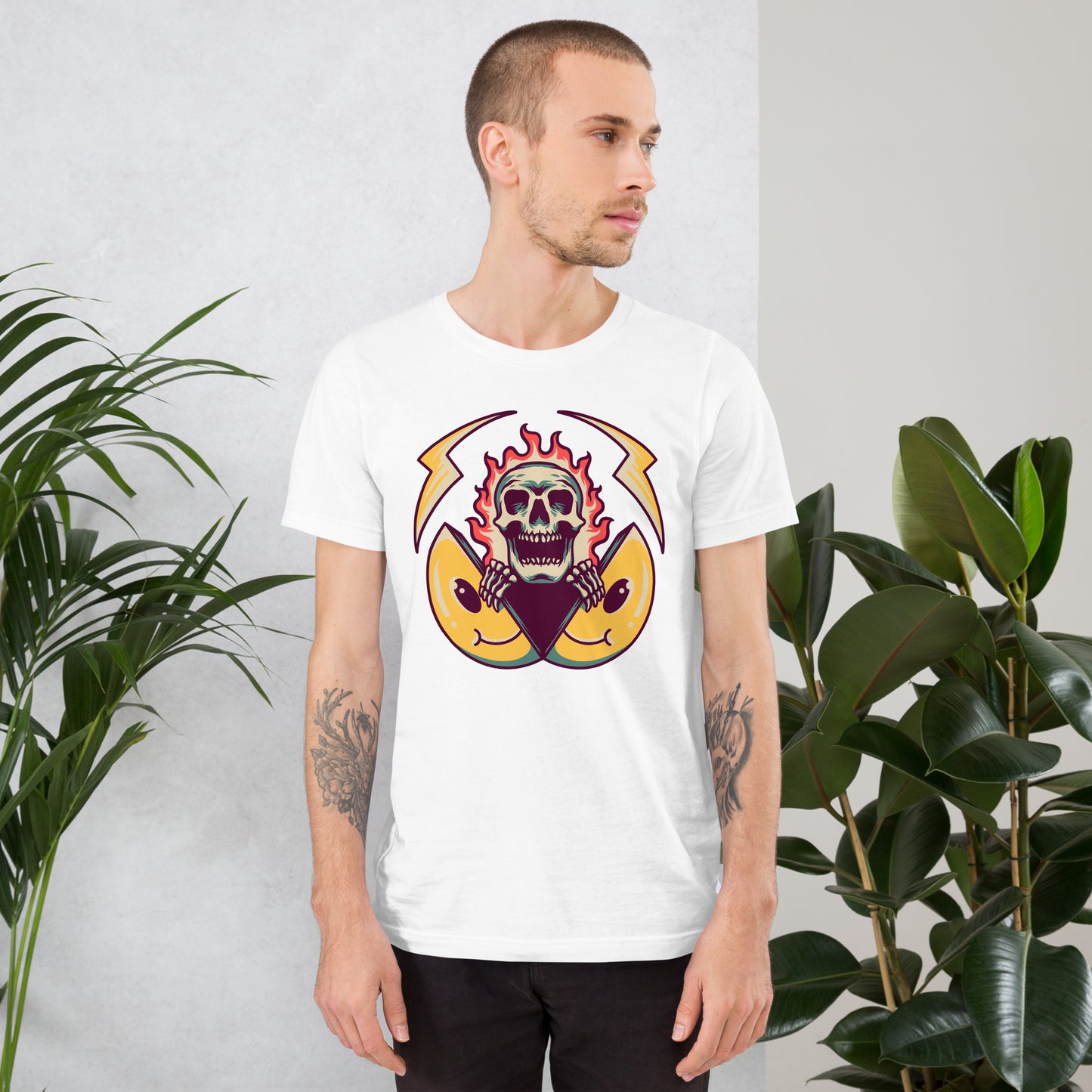Hipyfi unisex graphic t-shirt featuring flame skull and surreal smiley design in streetwear style. white-front-2