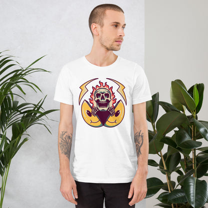Hipyfi unisex graphic t-shirt featuring flame skull and surreal smiley design in streetwear style. white-front-2