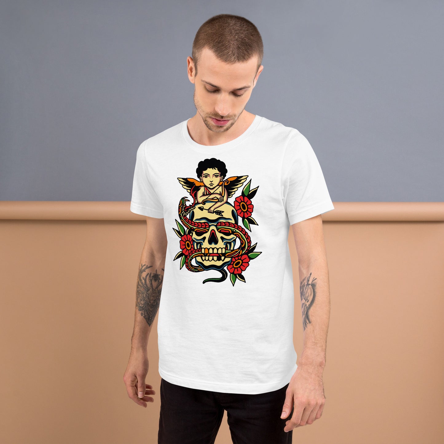 Unisex tattoo art T-shirt featuring cherub, skull, and snake design – Hipyfi vintage graphic tee. white-front-2