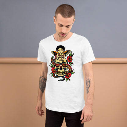 Unisex tattoo art T-shirt featuring cherub, skull, and snake design – Hipyfi vintage graphic tee. white-front-2