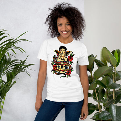 Unisex tattoo art T-shirt featuring cherub, skull, and snake design – Hipyfi vintage graphic tee. white-front