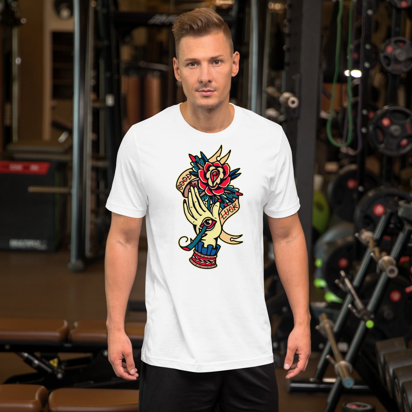 Unisex vintage tattoo t-shirt with good luck rose and hand design by Hipyfi Clothes & Design. white-front