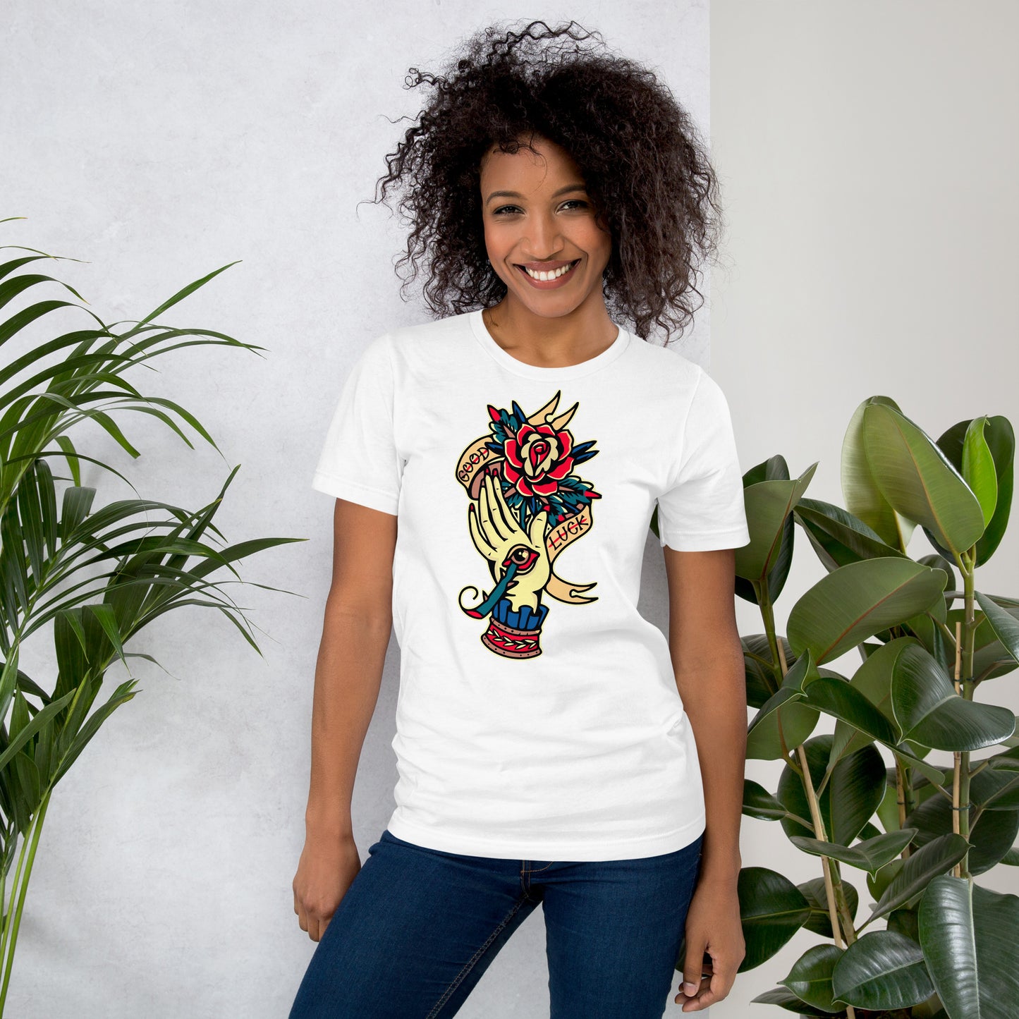 Unisex vintage tattoo t-shirt with good luck rose and hand design by Hipyfi Clothes & Design. white-front-2