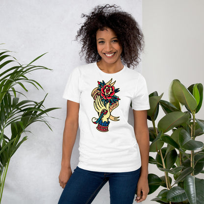 Unisex vintage tattoo t-shirt with good luck rose and hand design by Hipyfi Clothes & Design. white-front-2
