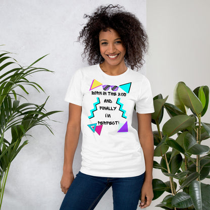 Hipyfi Unisex 80s Retro T-Shirt – Born in the 80s, Perfected for Today, featuring bold 80s graphic design and retro typography. white-front-2