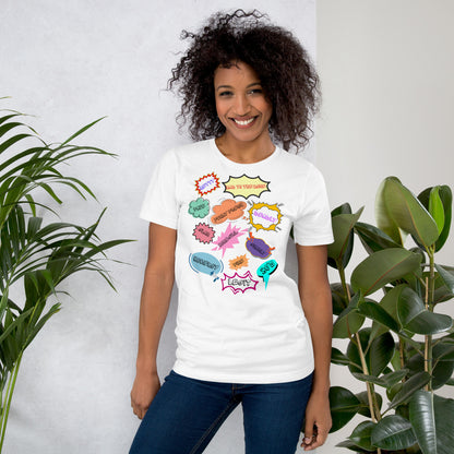 Unisex Retro 80s Pop Art Slang T-Shirt with Colorful Comic Speech Bubbles – Hipyfi Clothes & Design. Front-2