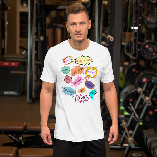 Unisex Retro 80s Pop Art Slang T-Shirt with Colorful Comic Speech Bubbles – Hipyfi Clothes & Design. Front