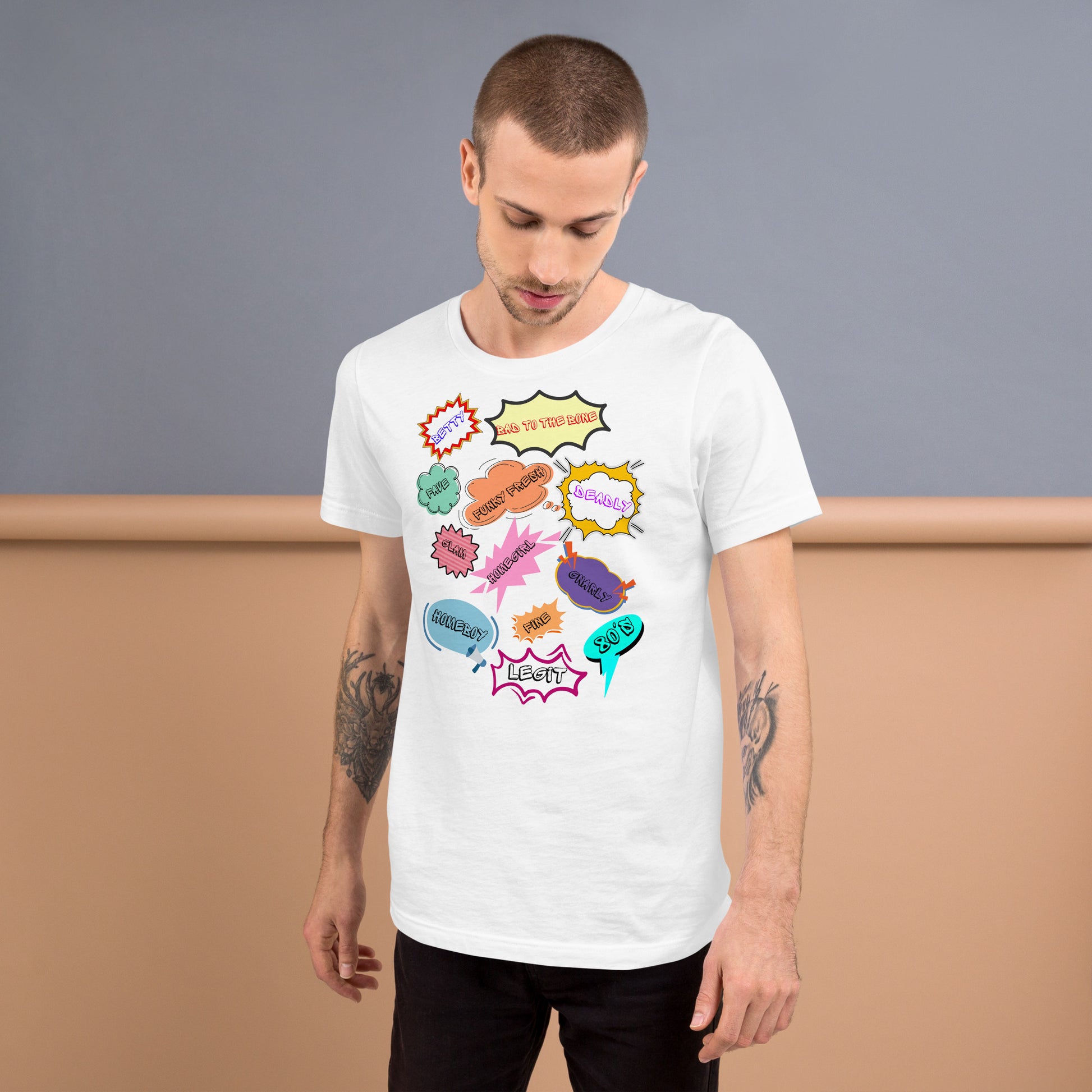 Unisex 80s graphic t-shirt with comic-style slang design by Hipyfi Clothes & Design. white-front-2