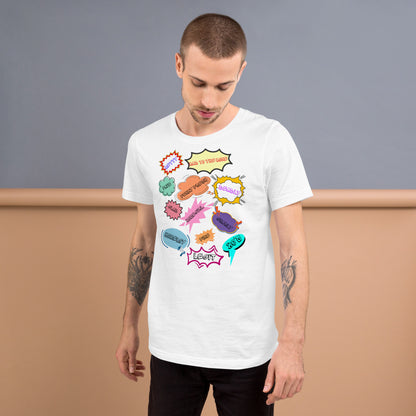 Unisex 80s graphic t-shirt with comic-style slang design by Hipyfi Clothes & Design. white-front-2