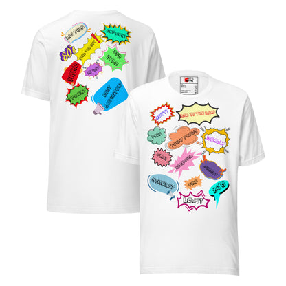 Unisex Retro 80s Pop Art Slang T-Shirt with Colorful Comic Speech Bubbles – Hipyfi Clothes & Design. front-and-back