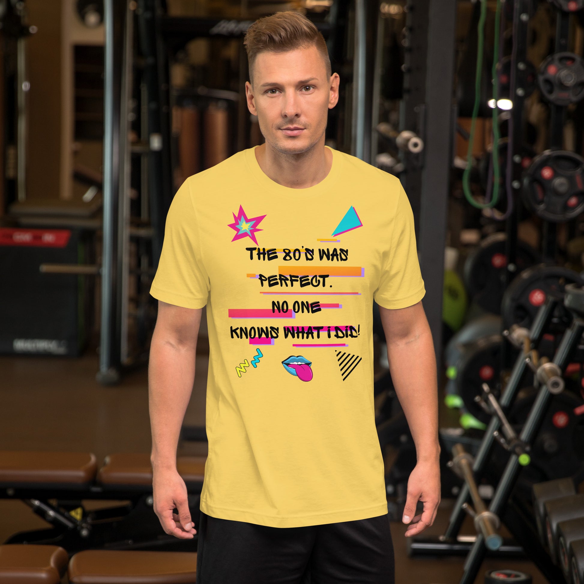Hipyfi The '80s Was Perfect Unisex Graphic T-Shirt - Neon Pop Design, vibrant retro 80s style with bold typography and colorful graphics. yellow-front