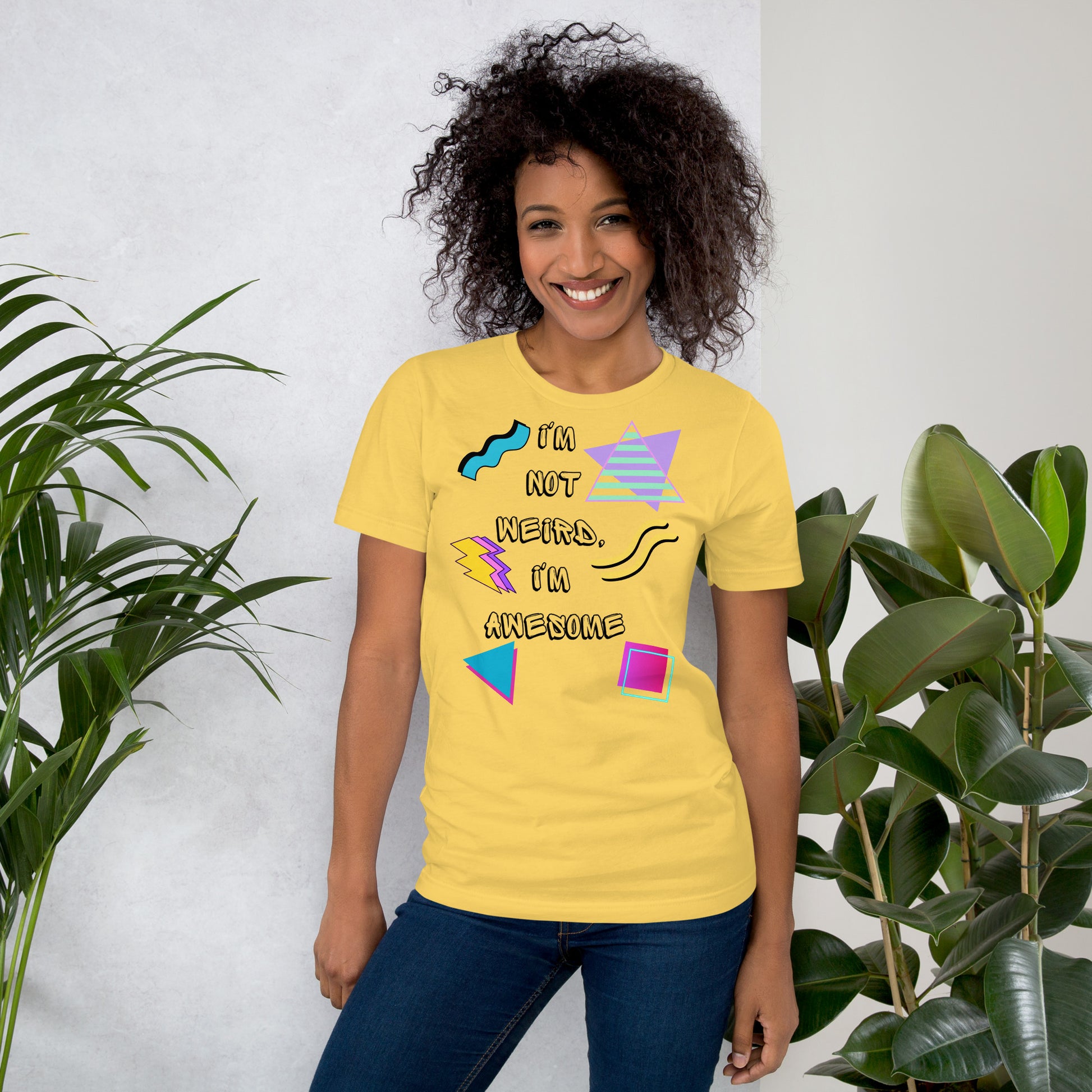 Unisex retro graphic t-shirt with 'I’m Not Weird I’m Awesome' 80s design by Hipyfi Clothes & Design. yellow-front-2
