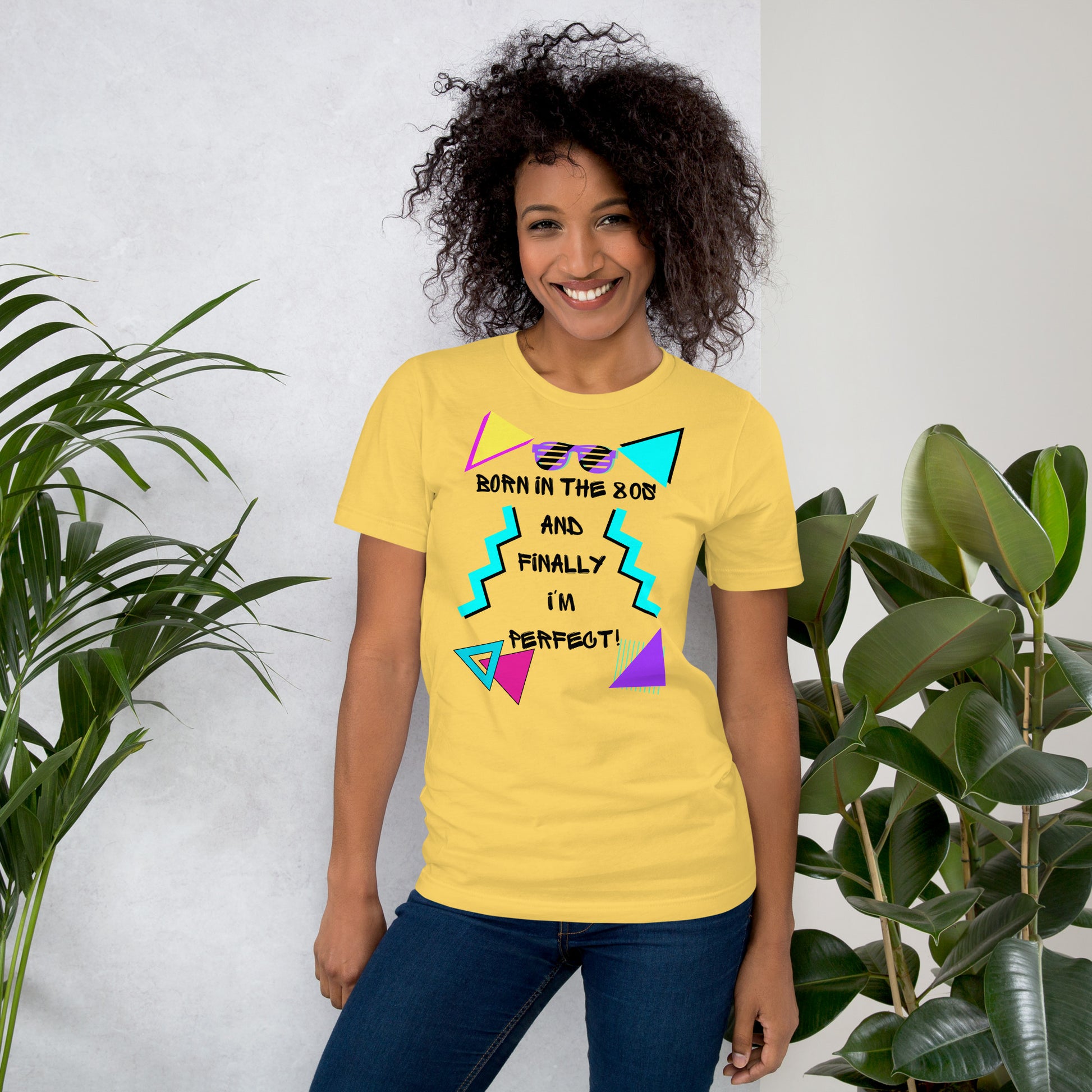 Hipyfi Unisex 80s Retro T-Shirt – Born in the 80s, Perfected for Today, featuring bold 80s graphic design and retro typography. yellow-front-2