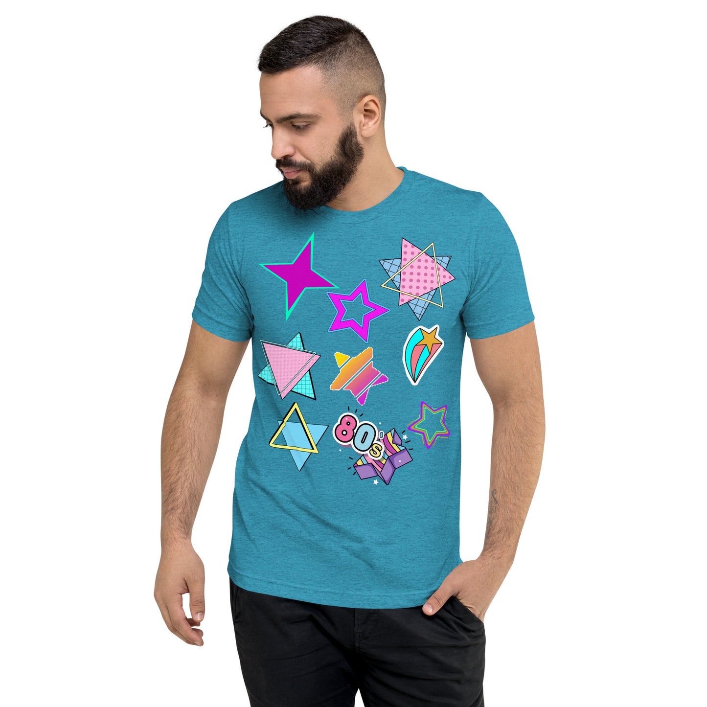 Unisex Retro 80s T-Shirt with Neon Pop Art Graphic – Hipyfi Tri-Blend Tee. aqua-triblend-front-2