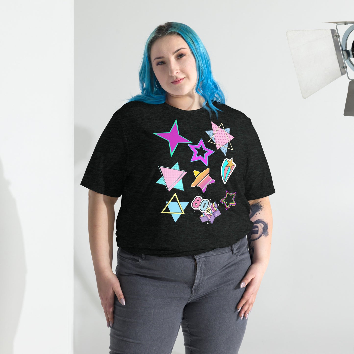 Unisex Retro 80s T-Shirt with Neon Pop Art Graphic – Hipyfi Tri-Blend Tee. charcoal-black-triblend-front