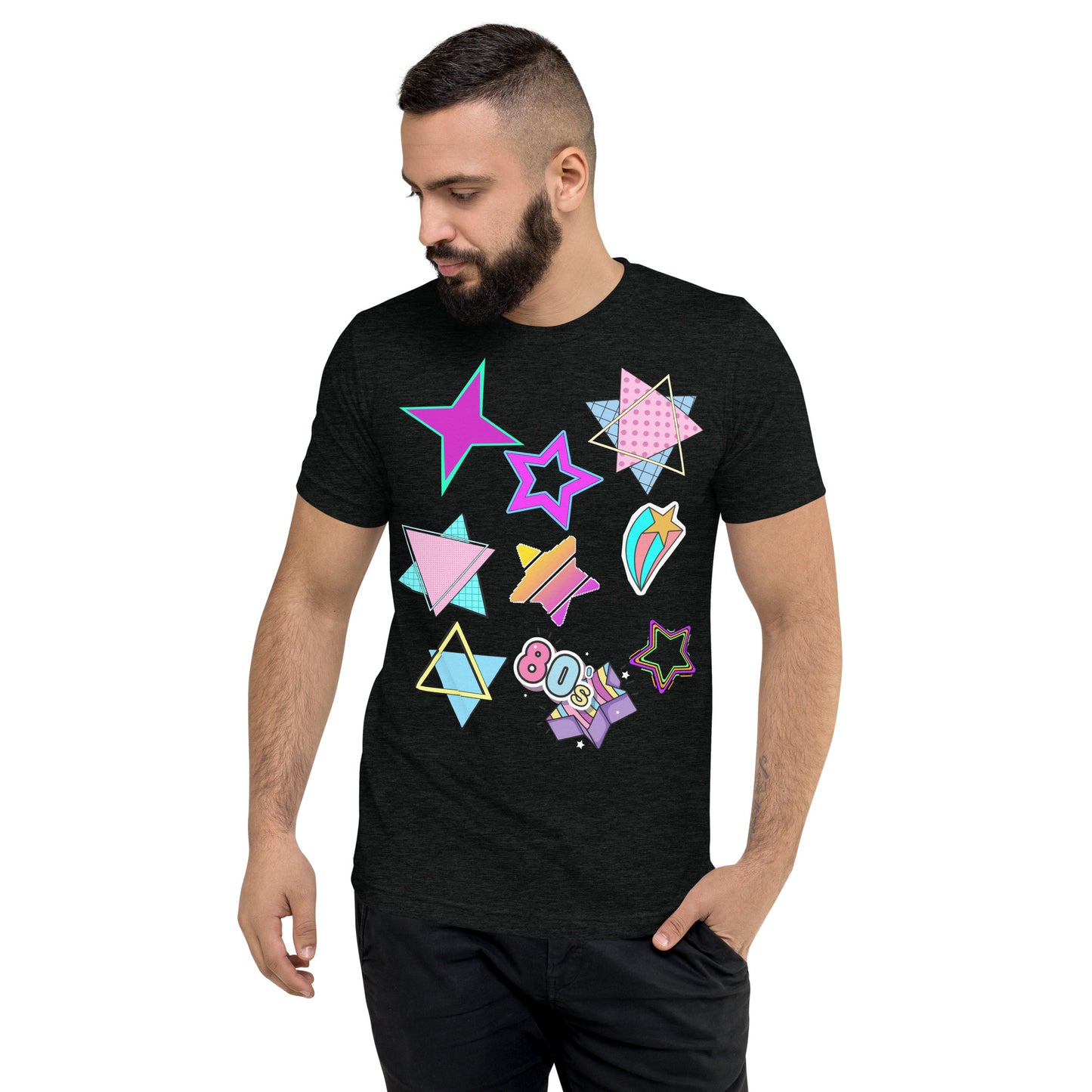 Unisex Retro 80s T-Shirt with Neon Pop Art Graphic – Hipyfi Tri-Blend Tee. charcoal-black-triblend-front-2