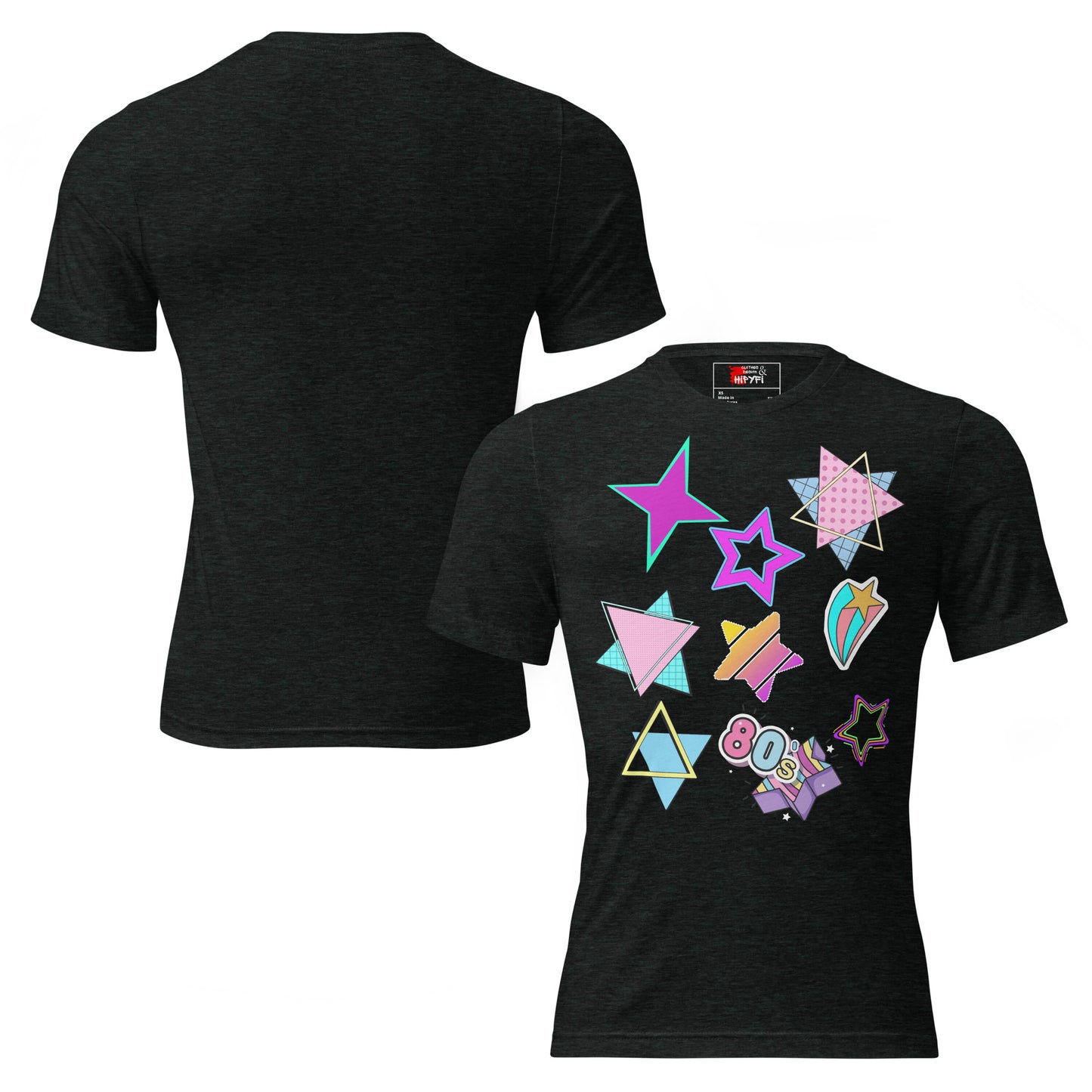 Unisex Retro 80s T-Shirt with Neon Pop Art Graphic – Hipyfi Tri-Blend Tee. charcoal-black-triblend-front-and-back