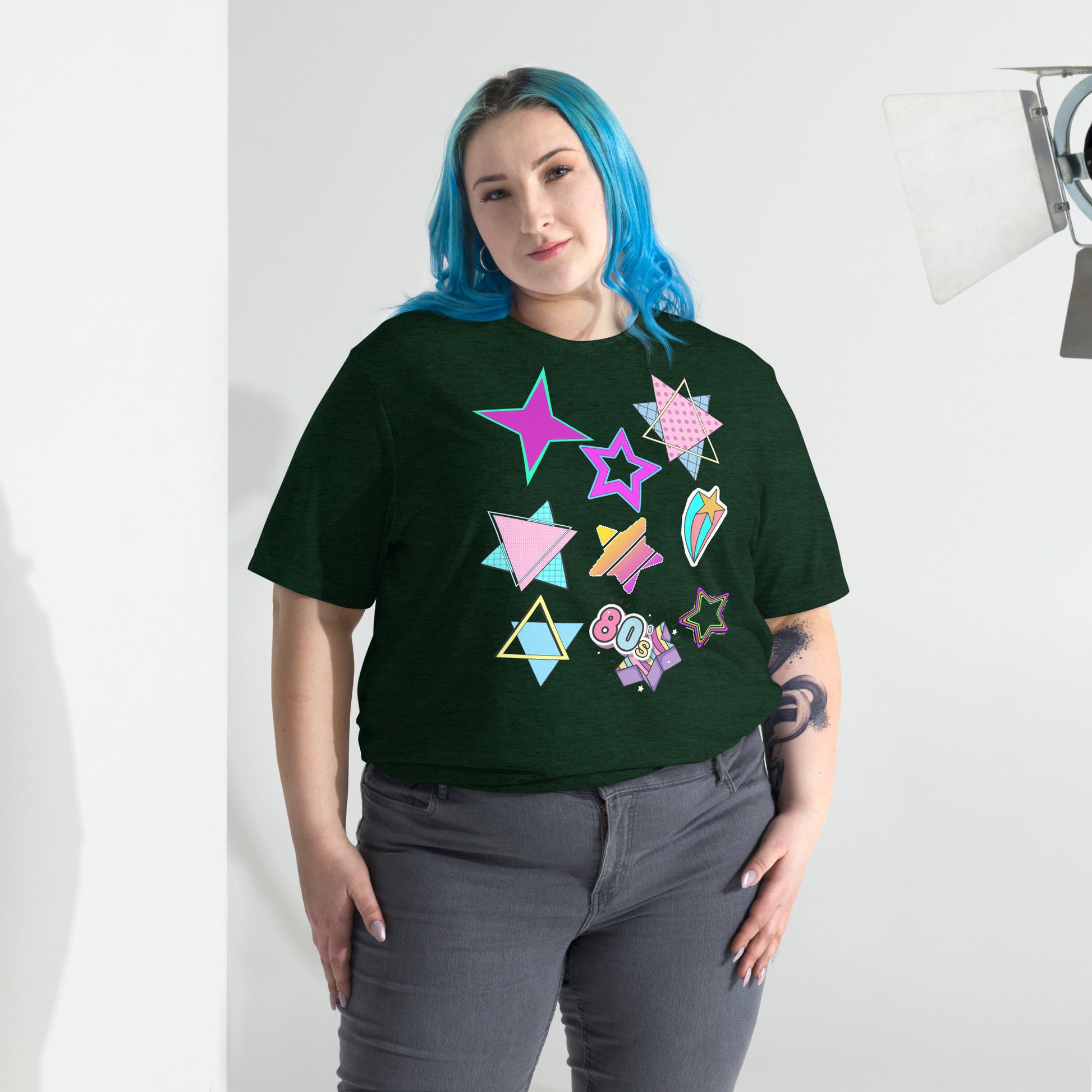 Unisex Retro 80s T-Shirt with Neon Pop Art Graphic – Hipyfi Tri-Blend Tee. emerald-triblend-front