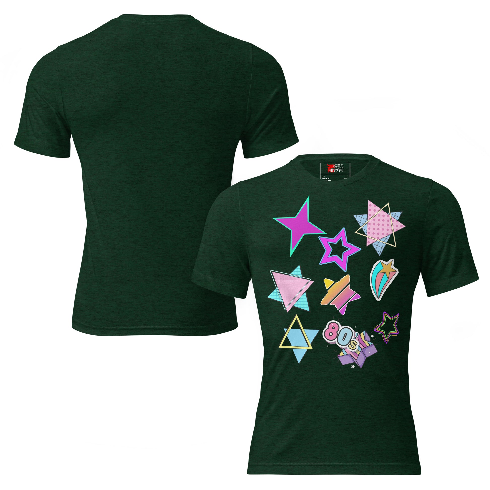 Unisex Retro 80s T-Shirt with Neon Pop Art Graphic – Hipyfi Tri-Blend Tee. emerald-triblend-front-and-back