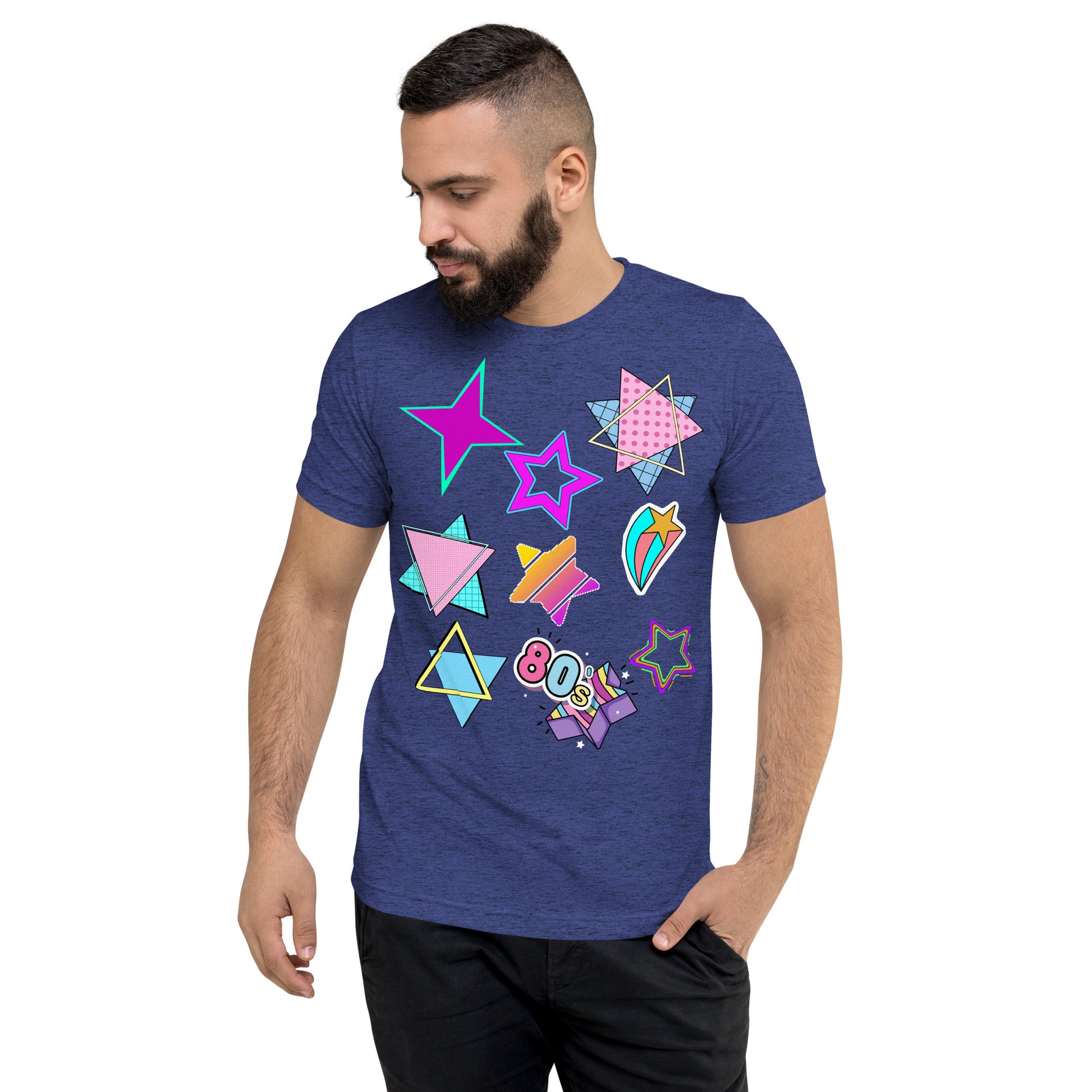 Unisex Retro 80s T-Shirt with Neon Pop Art Graphic – Hipyfi Tri-Blend Tee. navy-triblend-front-2