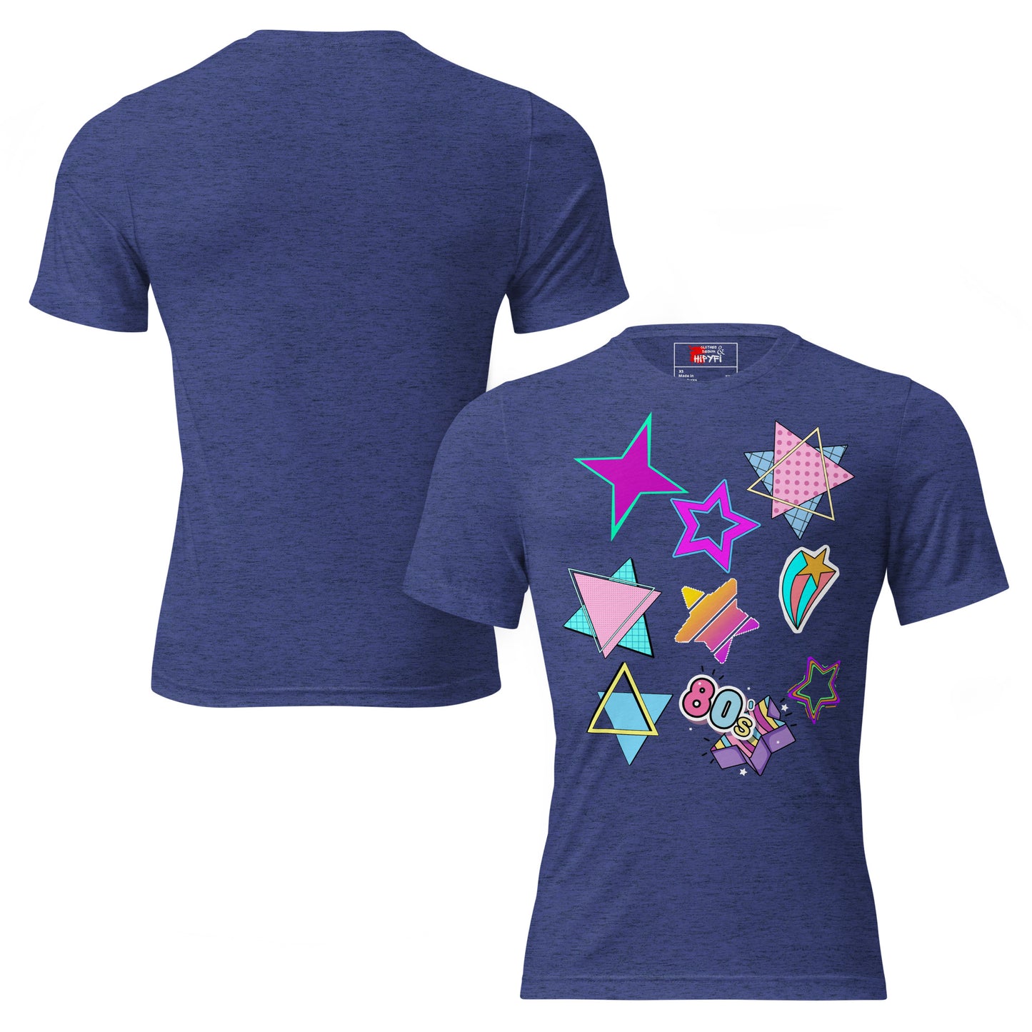 Unisex Retro 80s T-Shirt with Neon Pop Art Graphic – Hipyfi Tri-Blend Tee. navy-triblend-front-and-back