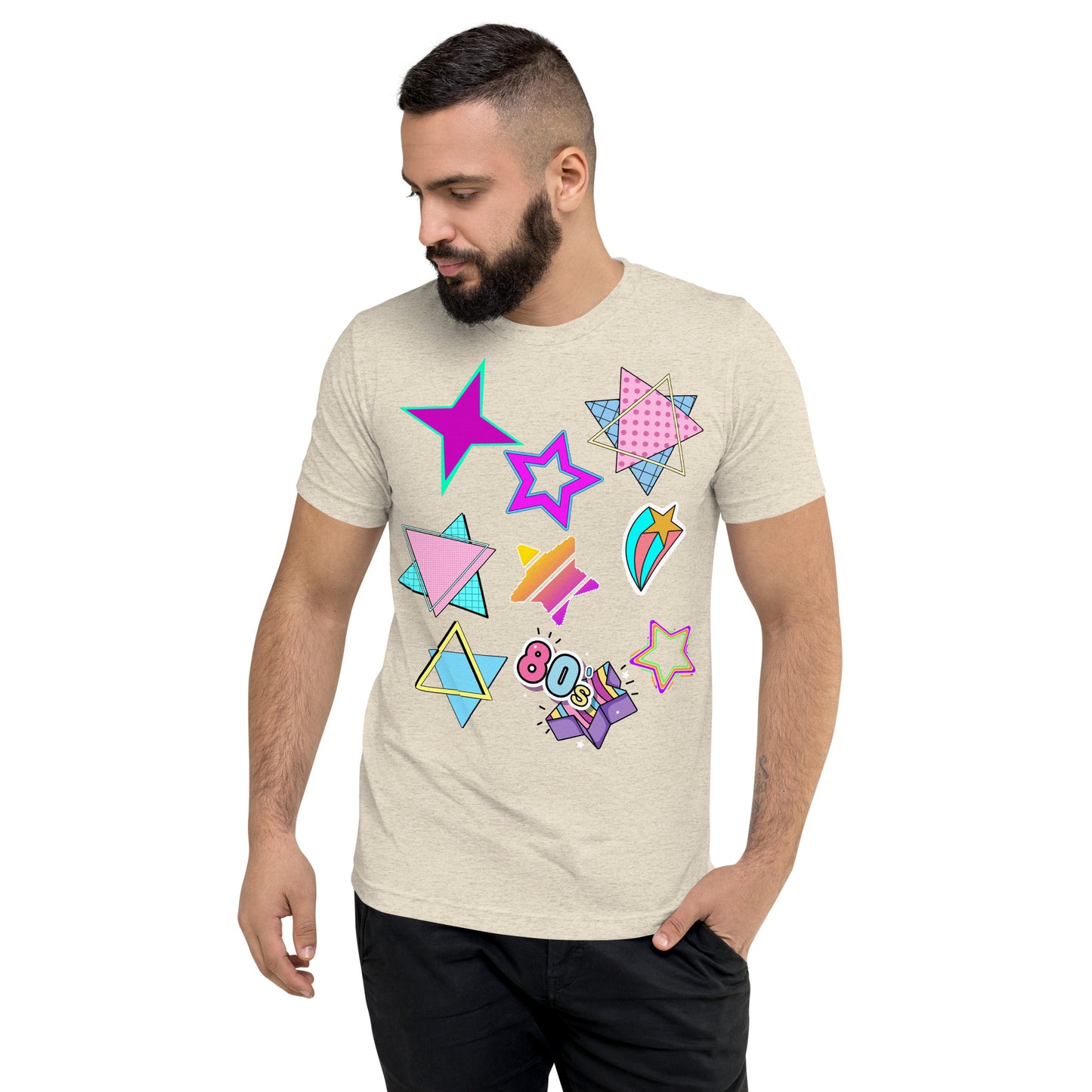 Unisex Retro 80s T-Shirt with Neon Pop Art Graphic – Hipyfi Tri-Blend Tee. oatmeal-triblend-front-2