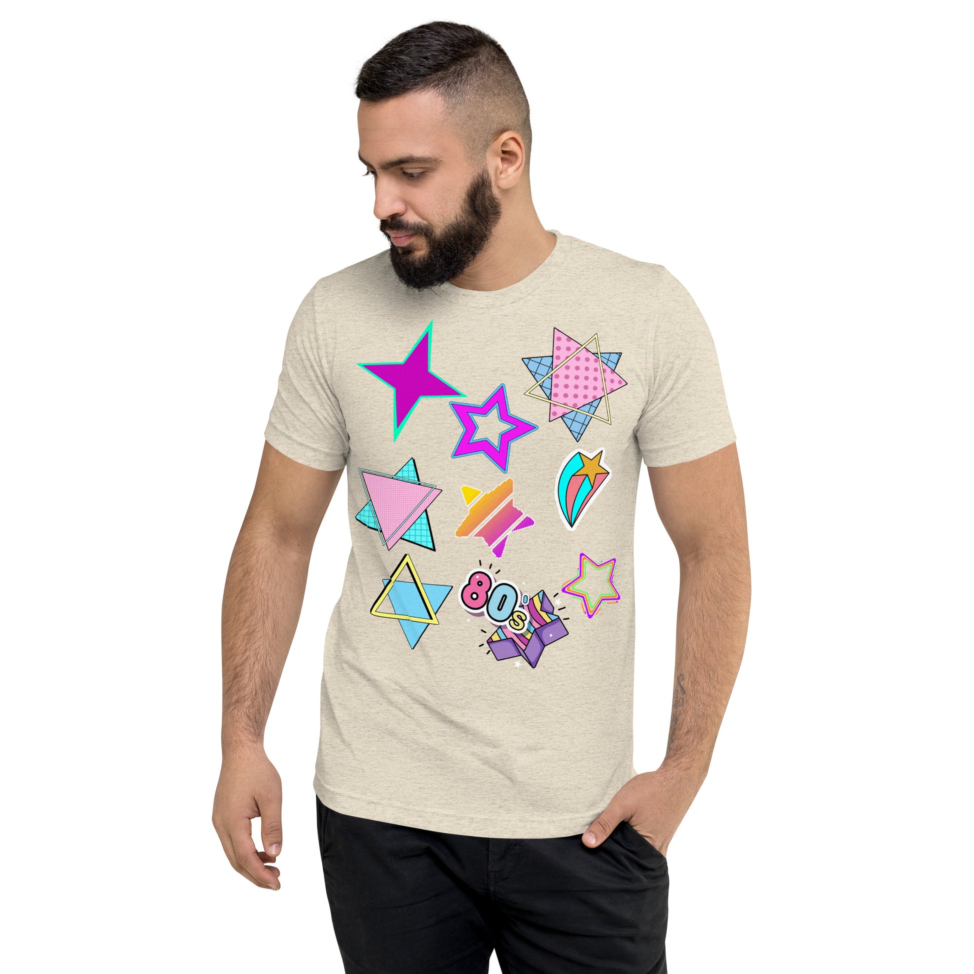 Unisex Retro 80s T-Shirt with Neon Pop Art Graphic – Hipyfi Tri-Blend Tee. oatmeal-triblend-front-2