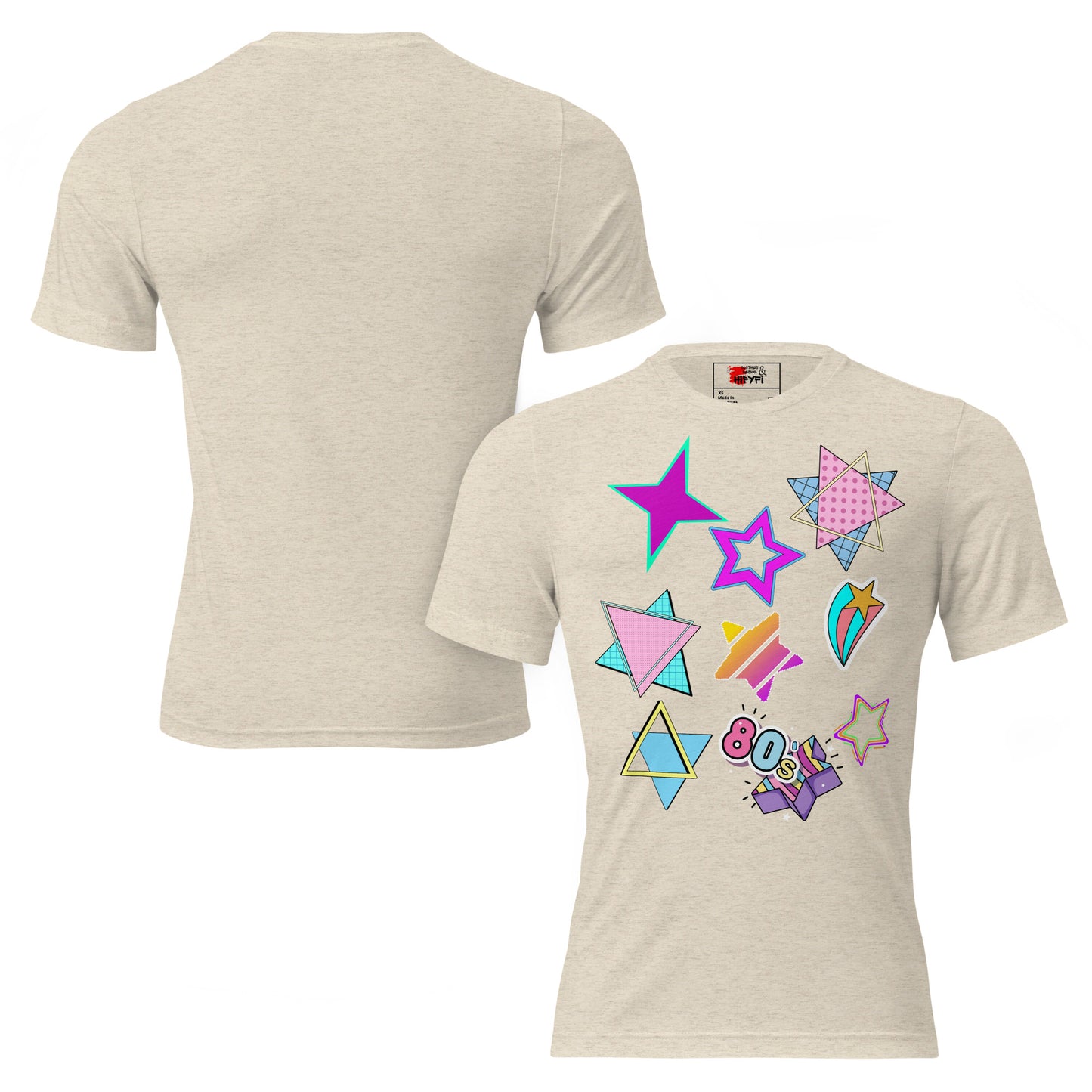 Unisex Retro 80s T-Shirt with Neon Pop Art Graphic – Hipyfi Tri-Blend Tee. oatmeal-triblend-front-and-back