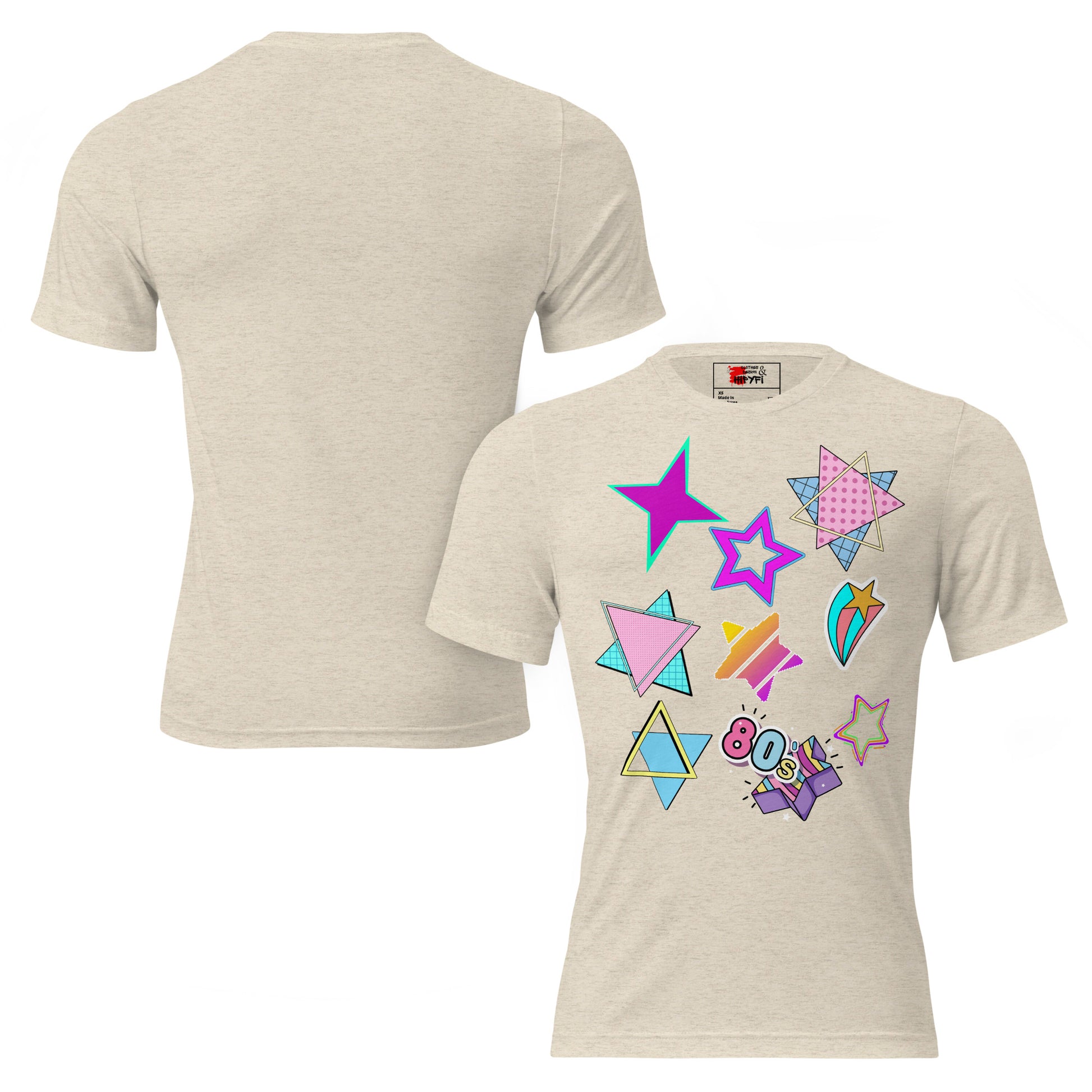 Unisex Retro 80s T-Shirt with Neon Pop Art Graphic – Hipyfi Tri-Blend Tee. oatmeal-triblend-front-and-back