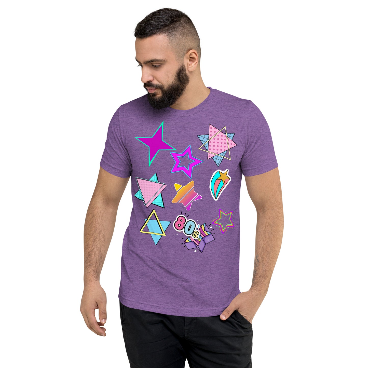Unisex Retro 80s T-Shirt with Neon Pop Art Graphic – Hipyfi Tri-Blend Tee. purple-triblend-front-2