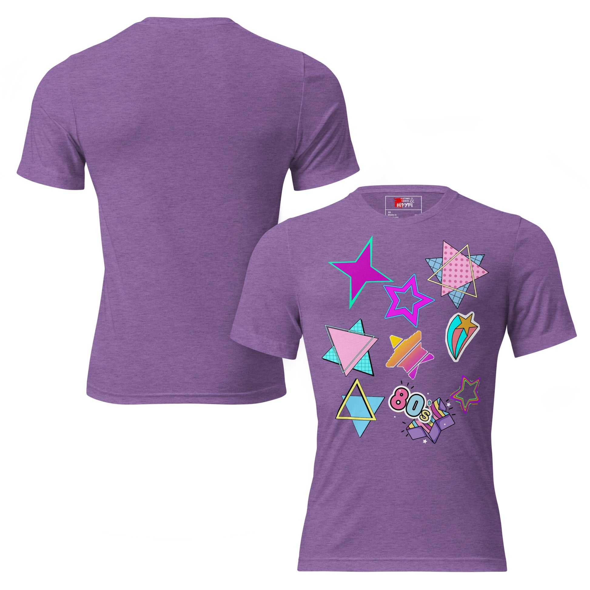 Unisex Retro 80s T-Shirt with Neon Pop Art Graphic – Hipyfi Tri-Blend Tee. purple-triblend-front-and-back