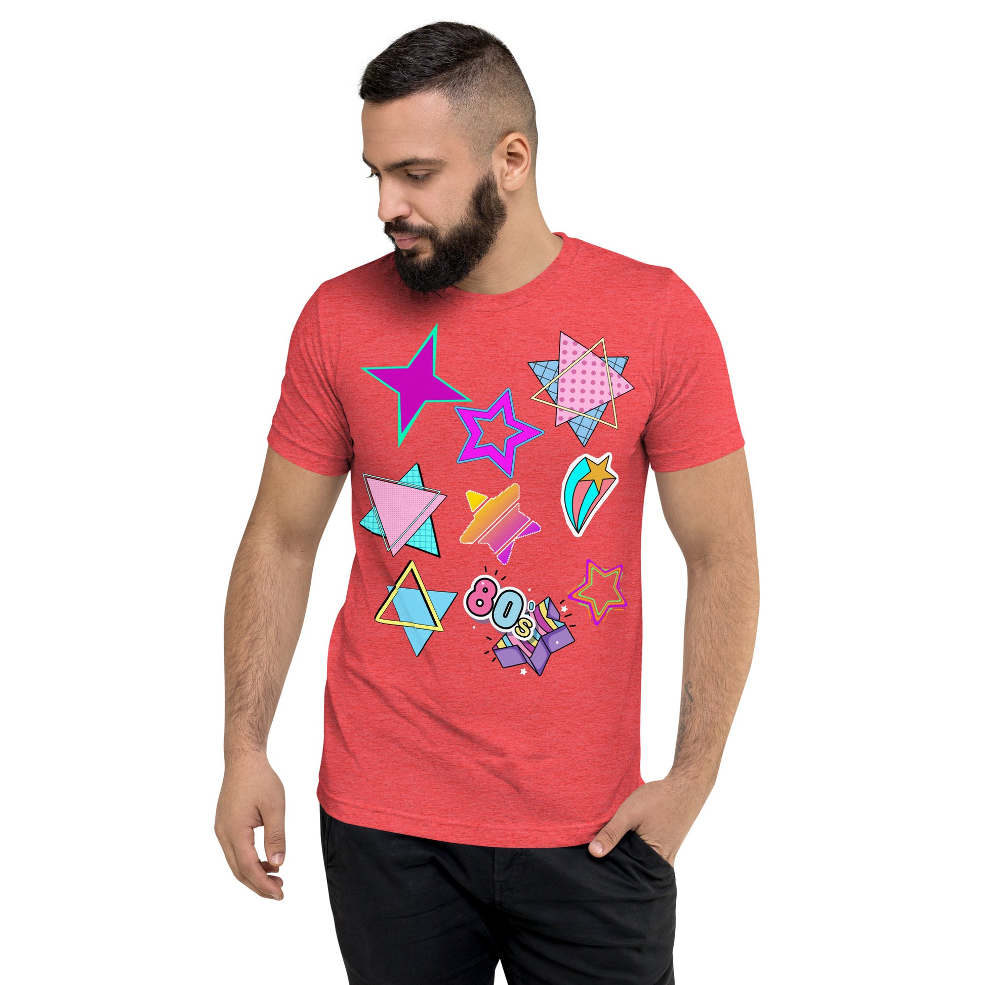 Unisex Retro 80s T-Shirt with Neon Pop Art Graphic – Hipyfi Tri-Blend Tee. red-triblend-front-2