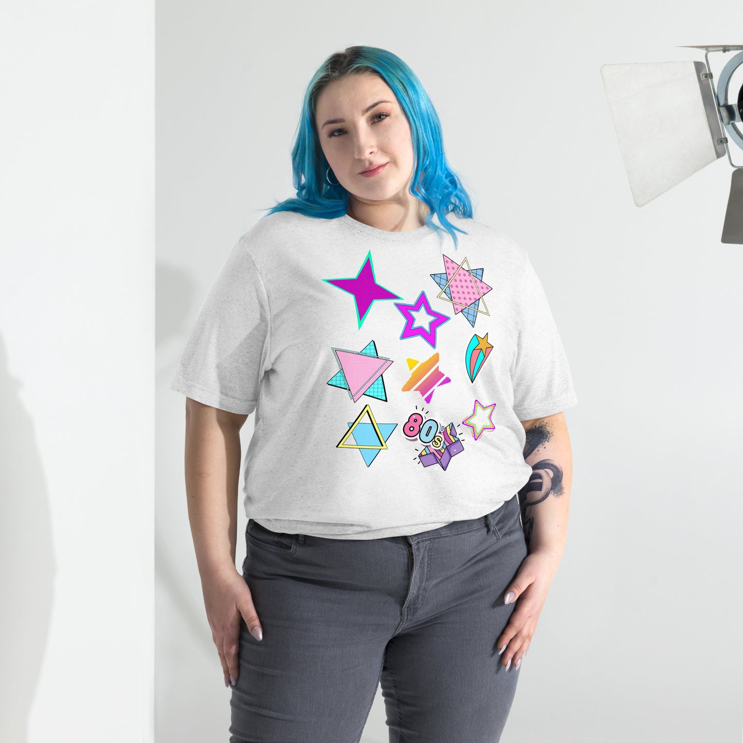 Unisex Retro 80s T-Shirt with Neon Pop Art Graphic – Hipyfi Tri-Blend Tee. solid-white-triblend-front