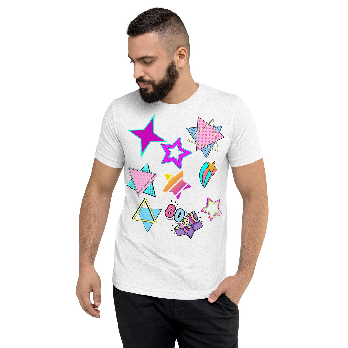 Unisex Retro 80s T-Shirt with Neon Pop Art Graphic – Hipyfi Tri-Blend Tee. solid-white-triblend-front-2
