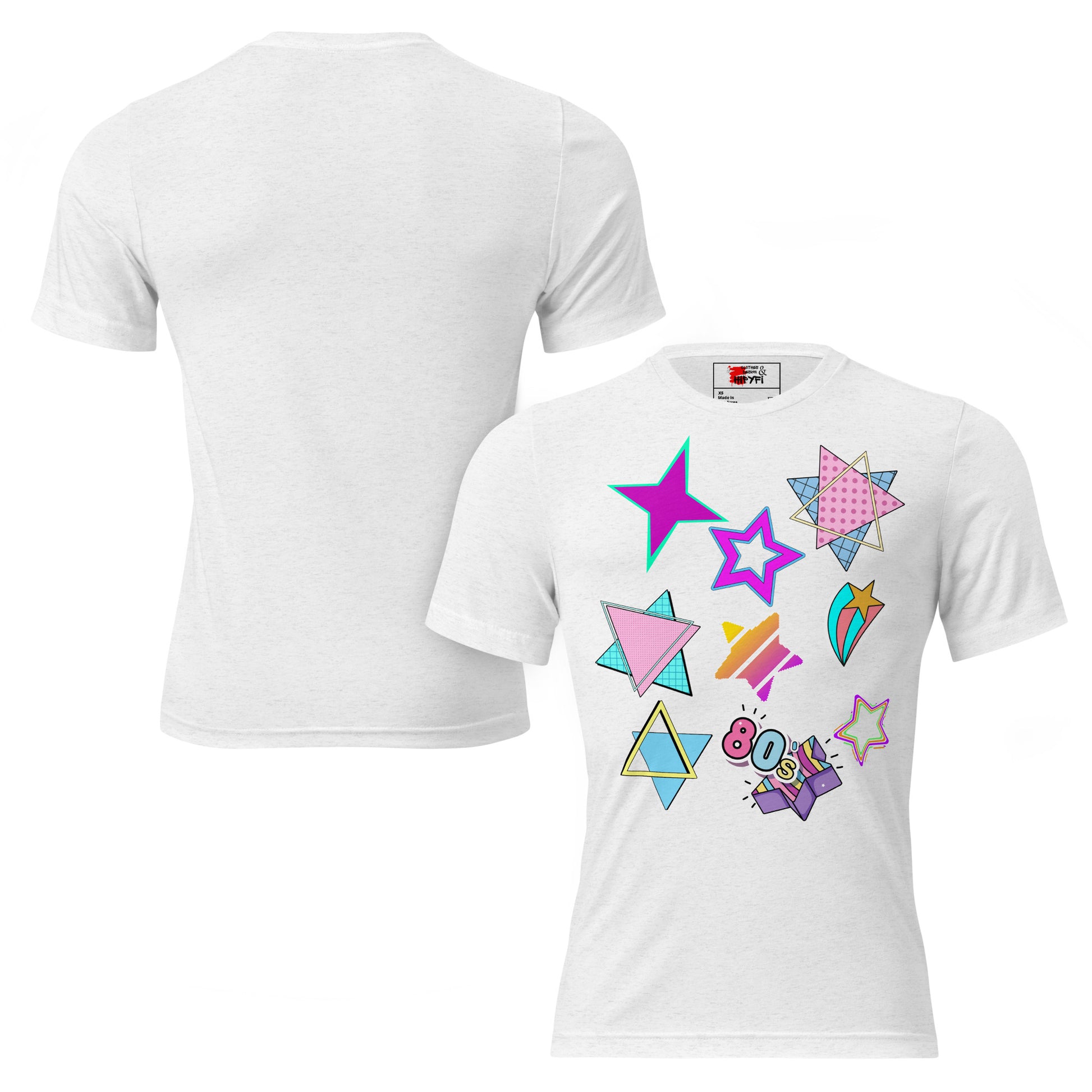 Unisex Retro 80s T-Shirt with Neon Pop Art Graphic – Hipyfi Tri-Blend Tee. solid-white-triblend-front-and-back