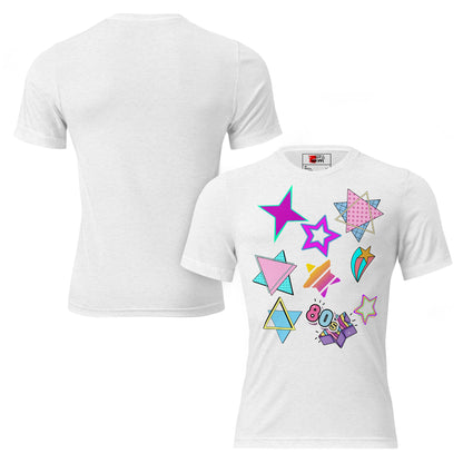 Unisex Retro 80s T-Shirt with Neon Pop Art Graphic – Hipyfi Tri-Blend Tee. solid-white-triblend-front-and-back