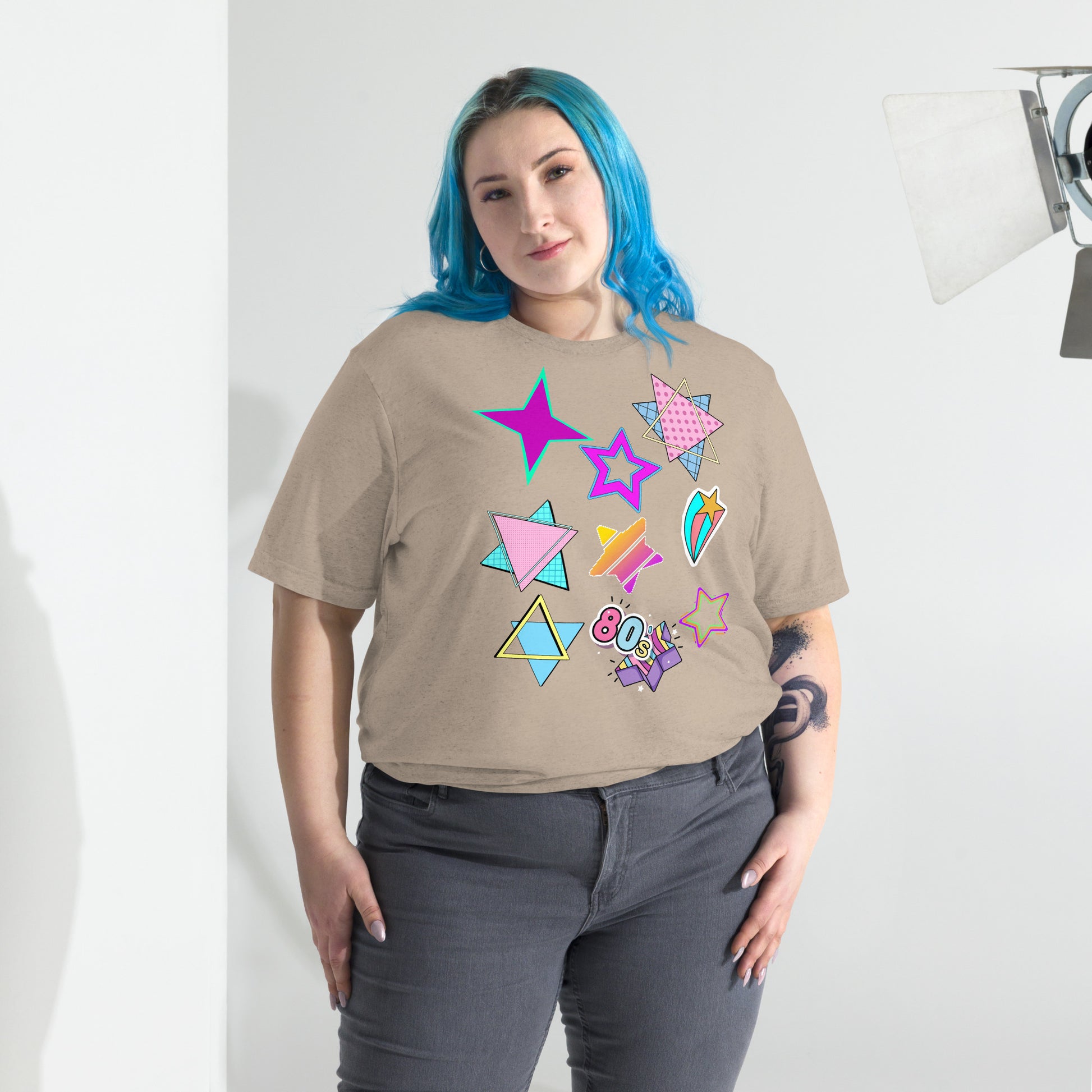 Unisex Retro 80s T-Shirt with Neon Pop Art Graphic – Hipyfi Tri-Blend Tee. tan-triblend-front