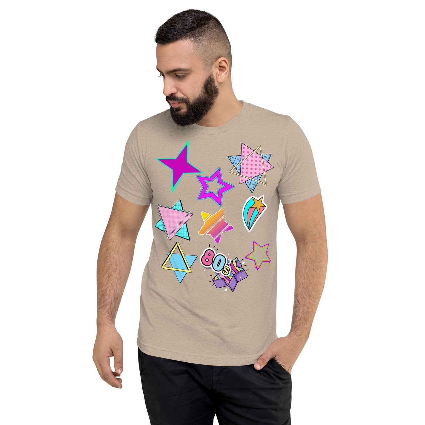 Unisex Retro 80s T-Shirt with Neon Pop Art Graphic – Hipyfi Tri-Blend Tee. tan-triblend-front-2
