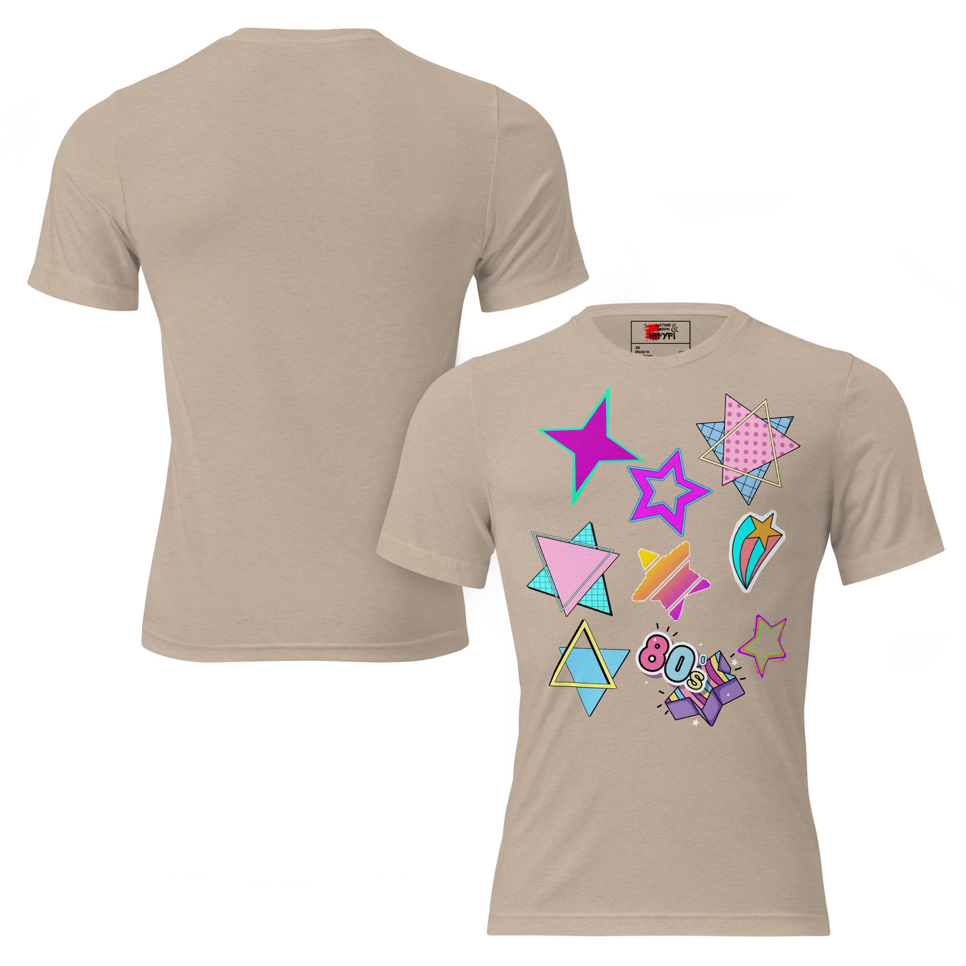 Unisex Retro 80s T-Shirt with Neon Pop Art Graphic – Hipyfi Tri-Blend Tee. tan-triblend-front-and-back