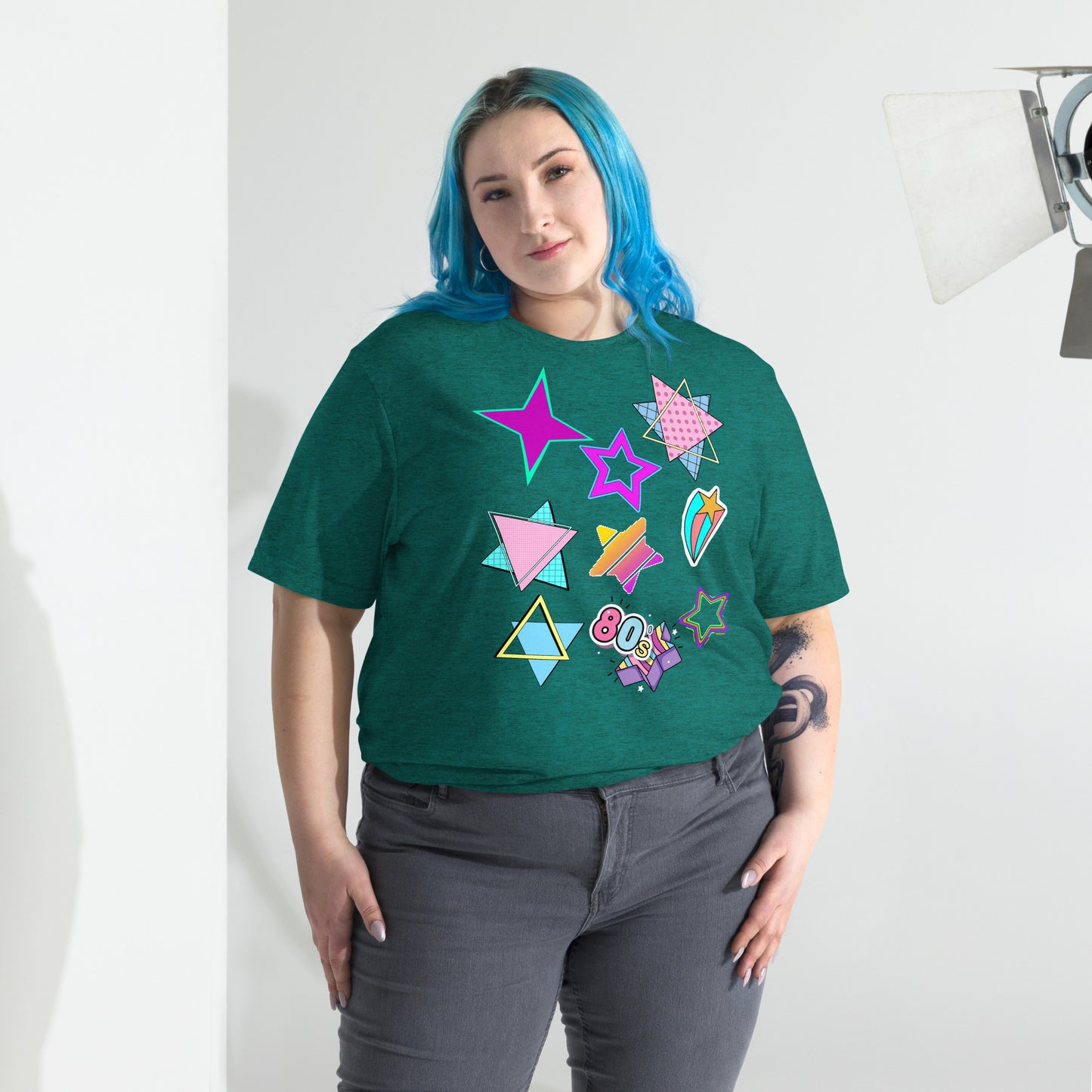 Unisex Retro 80s T-Shirt with Neon Pop Art Graphic – Hipyfi Tri-Blend Tee. teal-triblend-front