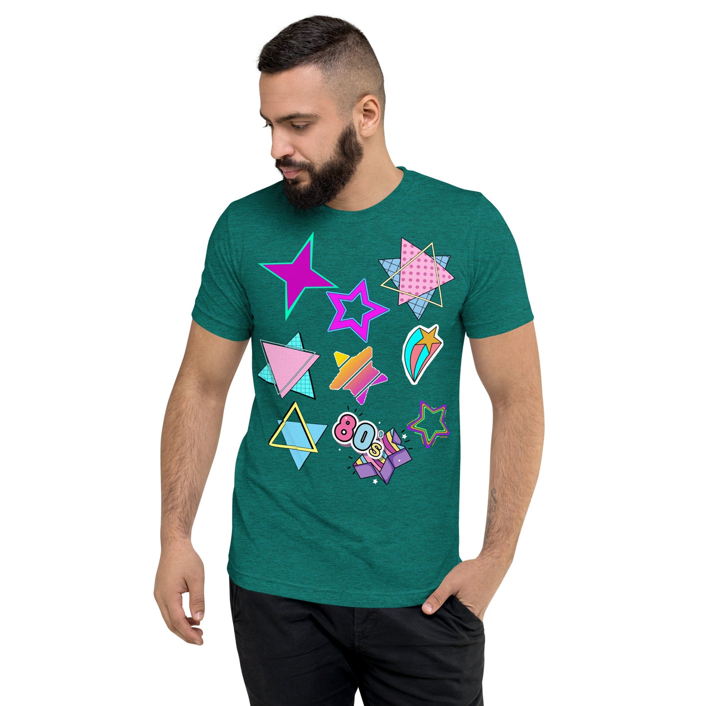 Unisex Retro 80s T-Shirt with Neon Pop Art Graphic – Hipyfi Tri-Blend Tee. teal-triblend-front-2