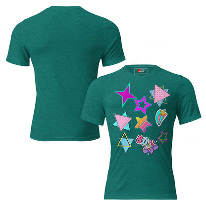 Unisex Retro 80s T-Shirt with Neon Pop Art Graphic – Hipyfi Tri-Blend Tee. teal-triblend-front-and-back