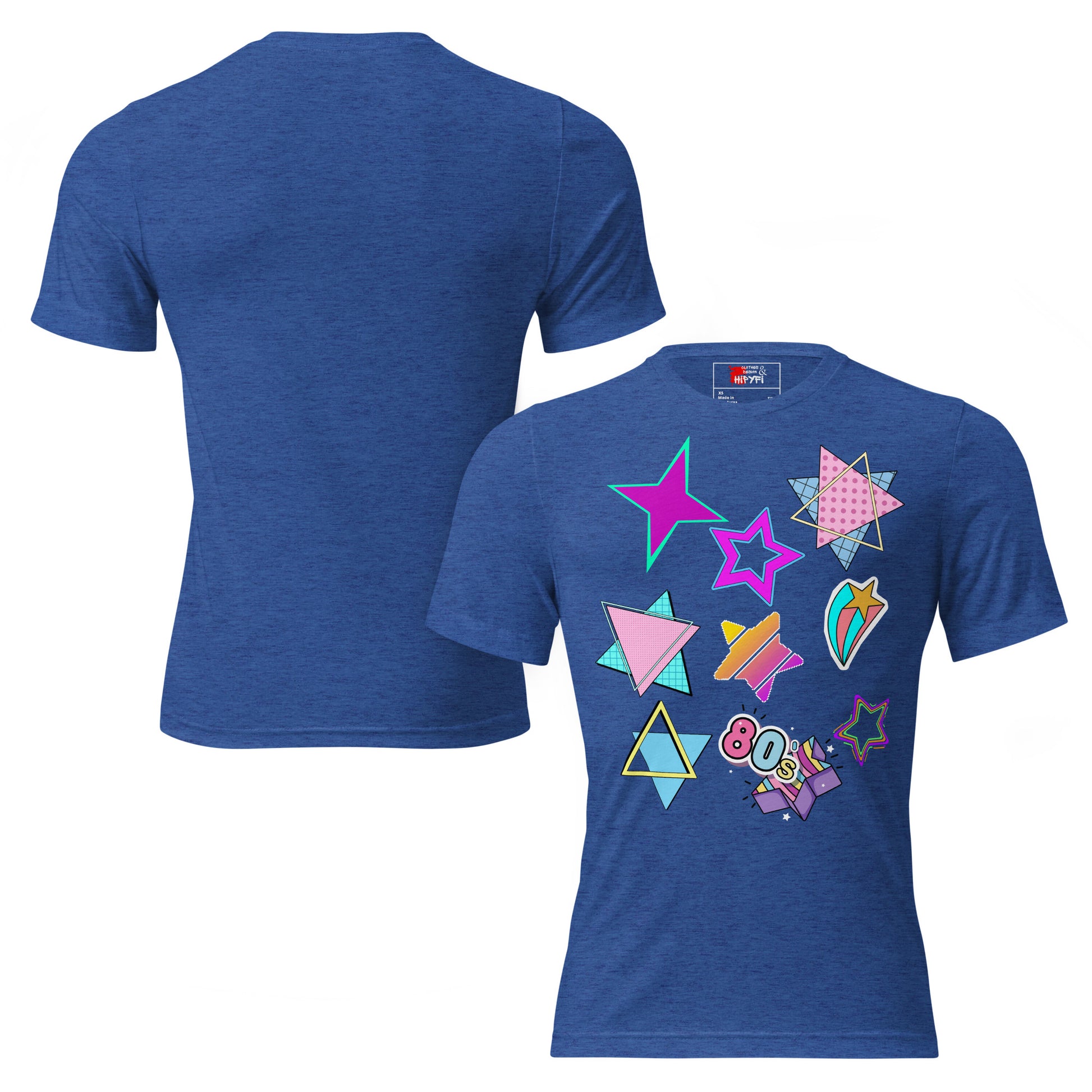Unisex Retro 80s T-Shirt with Neon Pop Art Graphic – Hipyfi Tri-Blend Tee. true-royal-triblend-front-and-back