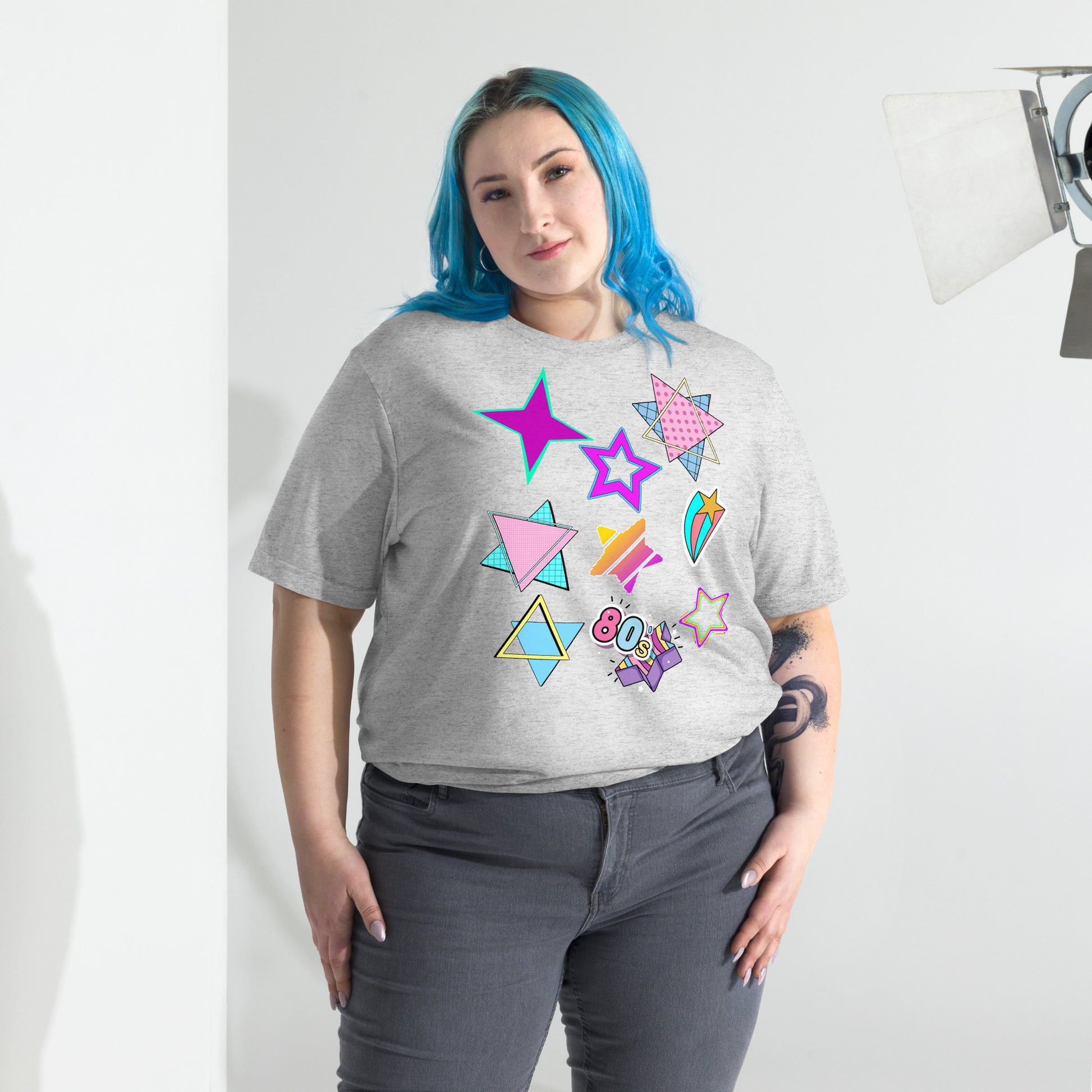 Unisex Retro 80s T-Shirt with Neon Pop Art Graphic – Hipyfi Tri-Blend Tee. white-fleck-triblend-front