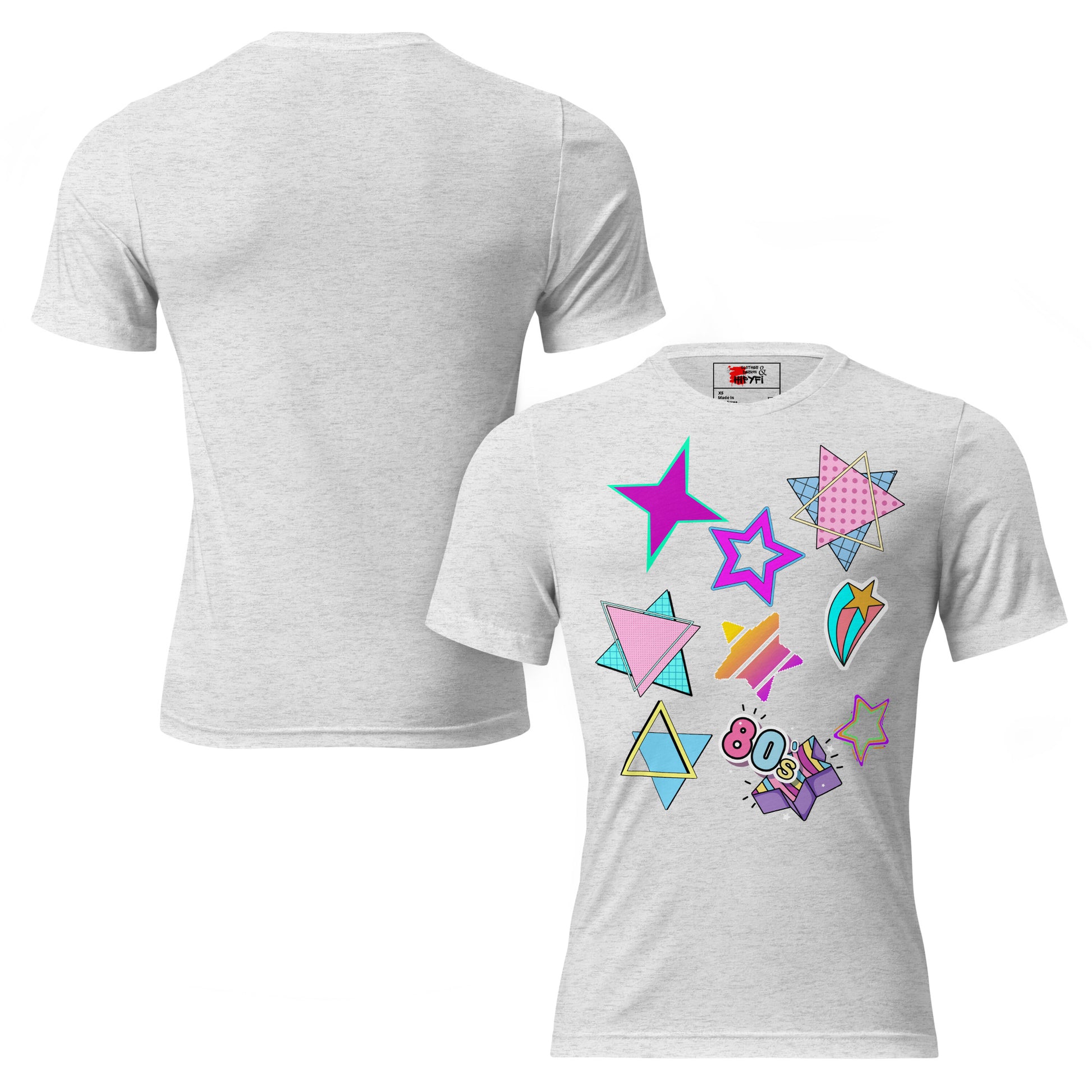 Unisex Retro 80s T-Shirt with Neon Pop Art Graphic – Hipyfi Tri-Blend Tee. white-fleck-triblend-front-and-back
