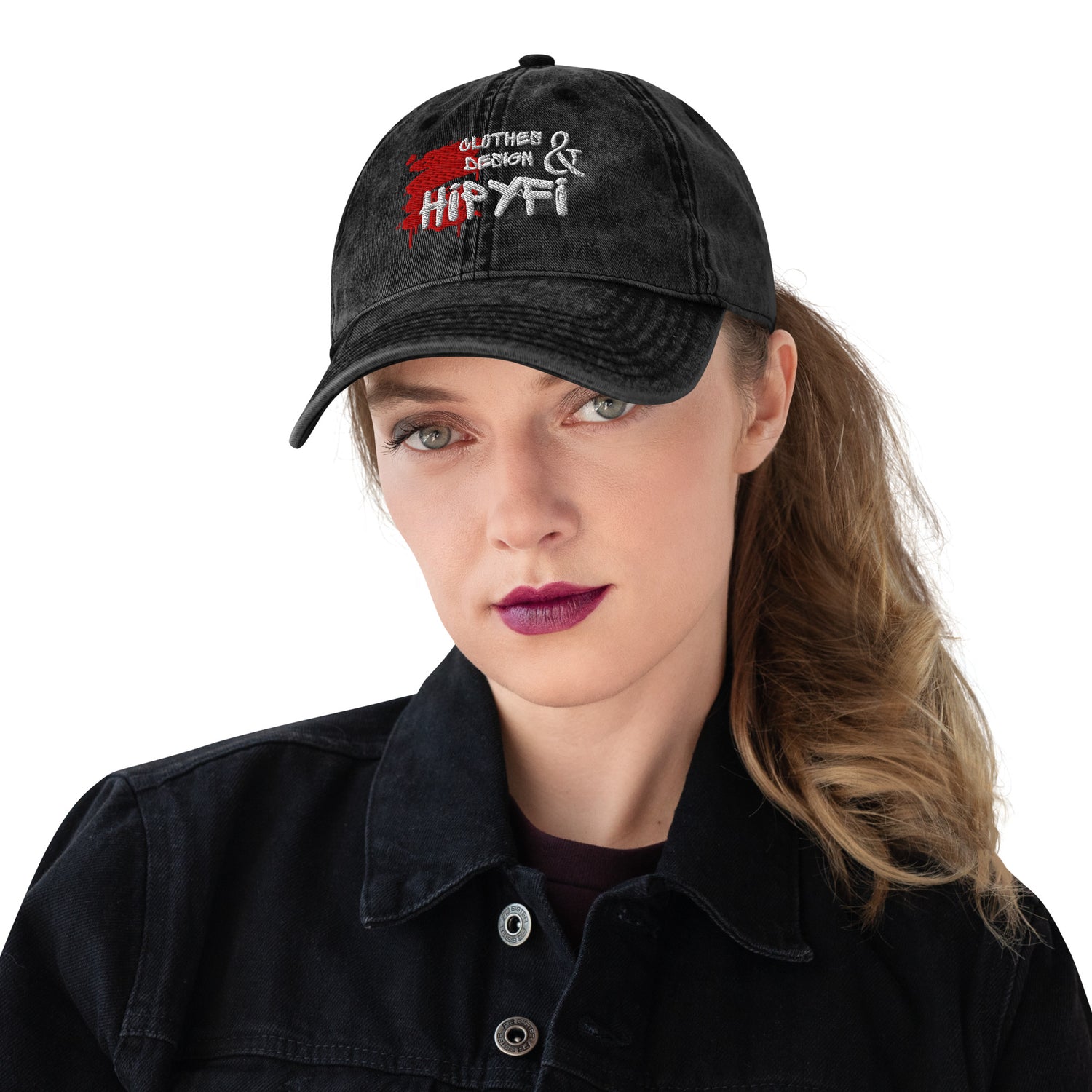 Vintage cotton twill dad cap with embroidered Hipyfi Clothes & Design logo in charcoal grey Front