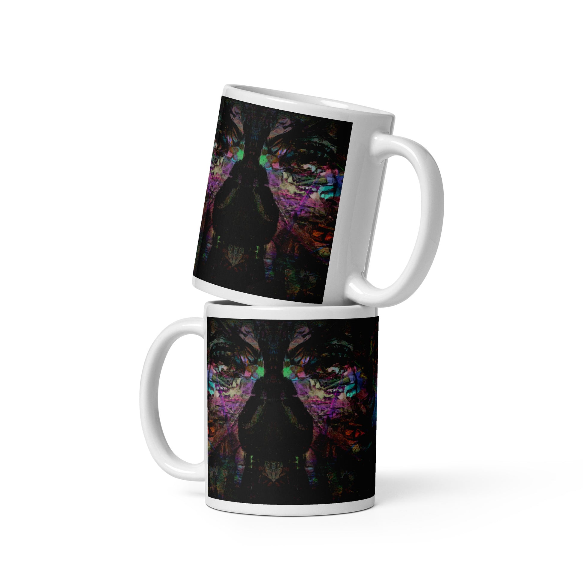 Hipyfi Chromatic Dreams Ceramic Mug with abstract vibrant design on a glossy white surface. Held in hand, unisex, dishwasher-safe. 11-oz-4