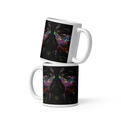 Hipyfi Chromatic Dreams Ceramic Mug with abstract vibrant design on a glossy white surface. Held in hand, unisex, dishwasher-safe. 11-oz-4