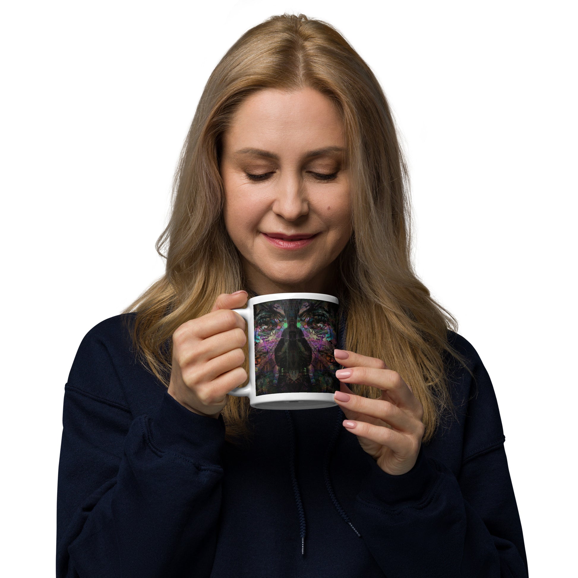 Hipyfi Chromatic Dreams Ceramic Mug with abstract vibrant design on a glossy white surface. Held in hand, unisex, dishwasher-safe. 11-oz-2